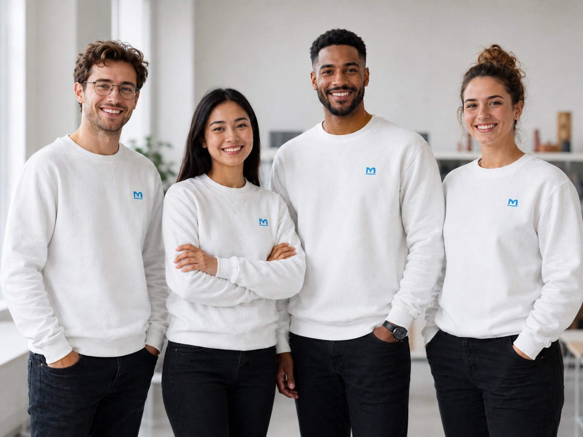 Cuatro personas sonrientes con la sudadera blanca de Mentary